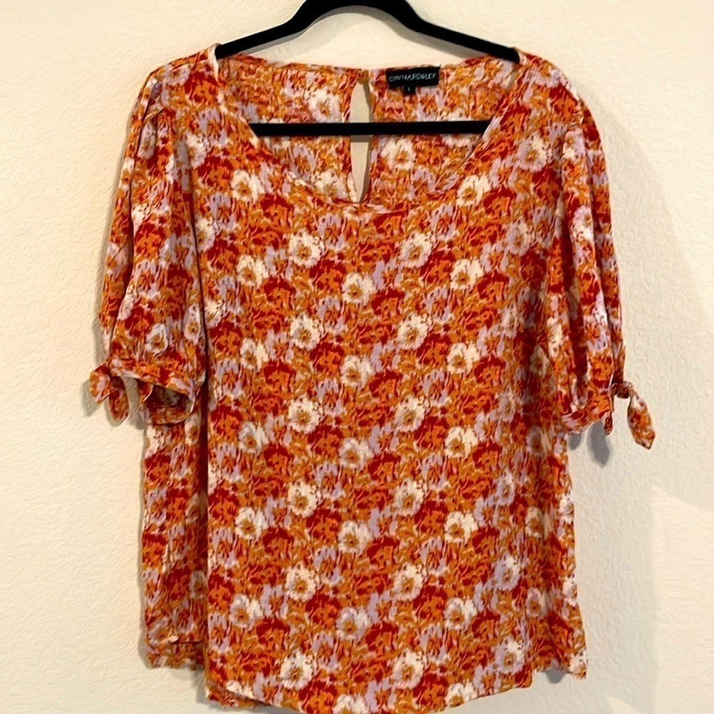 Cynthia Rowley Women Tunic Top Large Orange Floral Coastal Grandma Contemporary